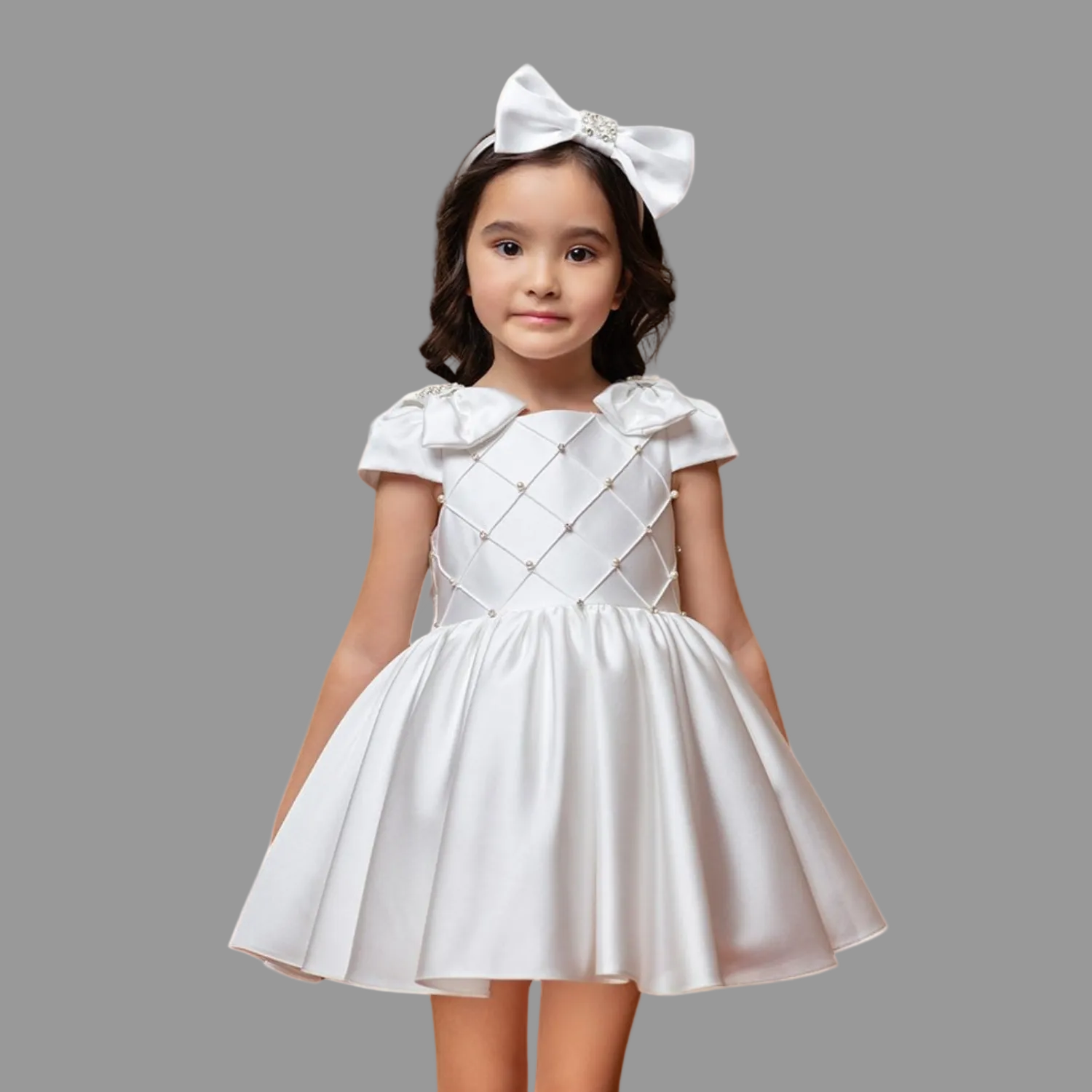 Young girl wearing a white dress with a large bow on a white background